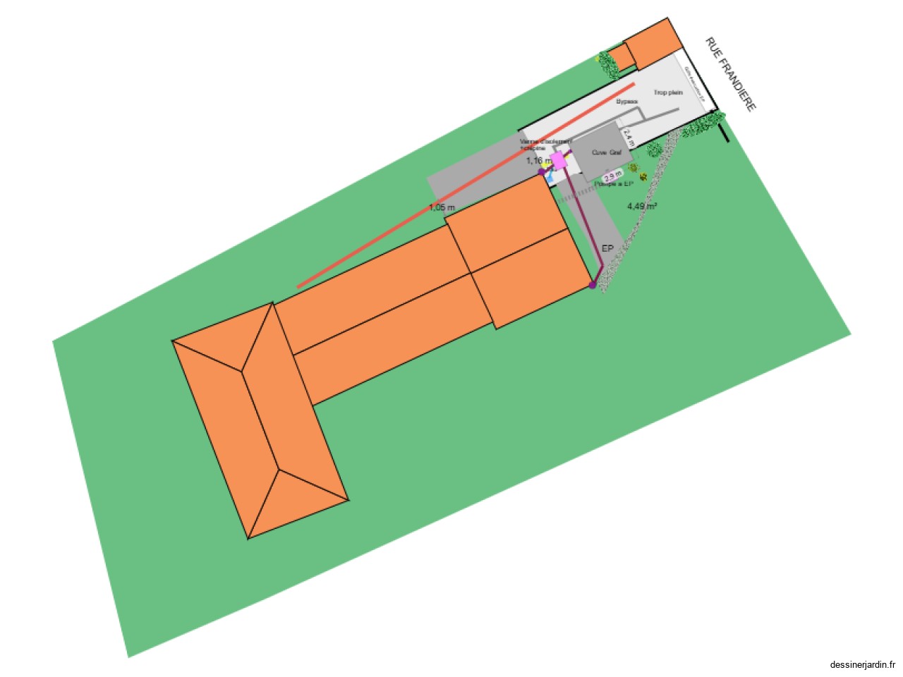 Plan de l'entrée Jardin AM212  implantation  Eau pluviale  + cuve entérée+ pompe à eauV4