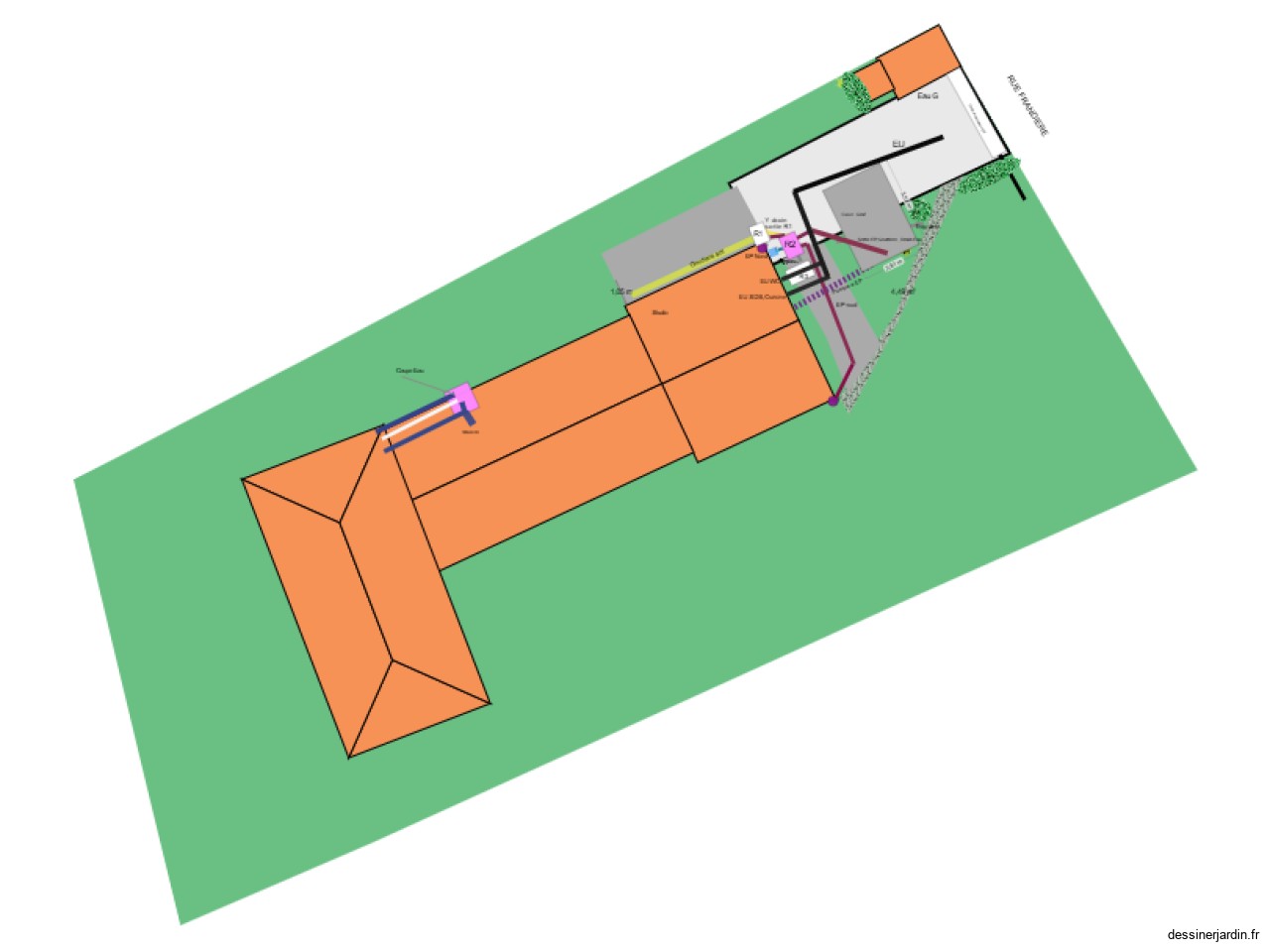 Plan de l'entr&eacute;e Jardin AM212 sortie EP,Drain,Goutiere, Eau et Bypass